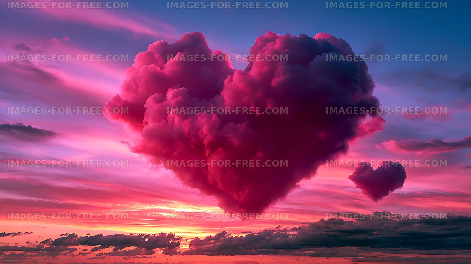 Heart-shaped cloud in a colorful sunset sky