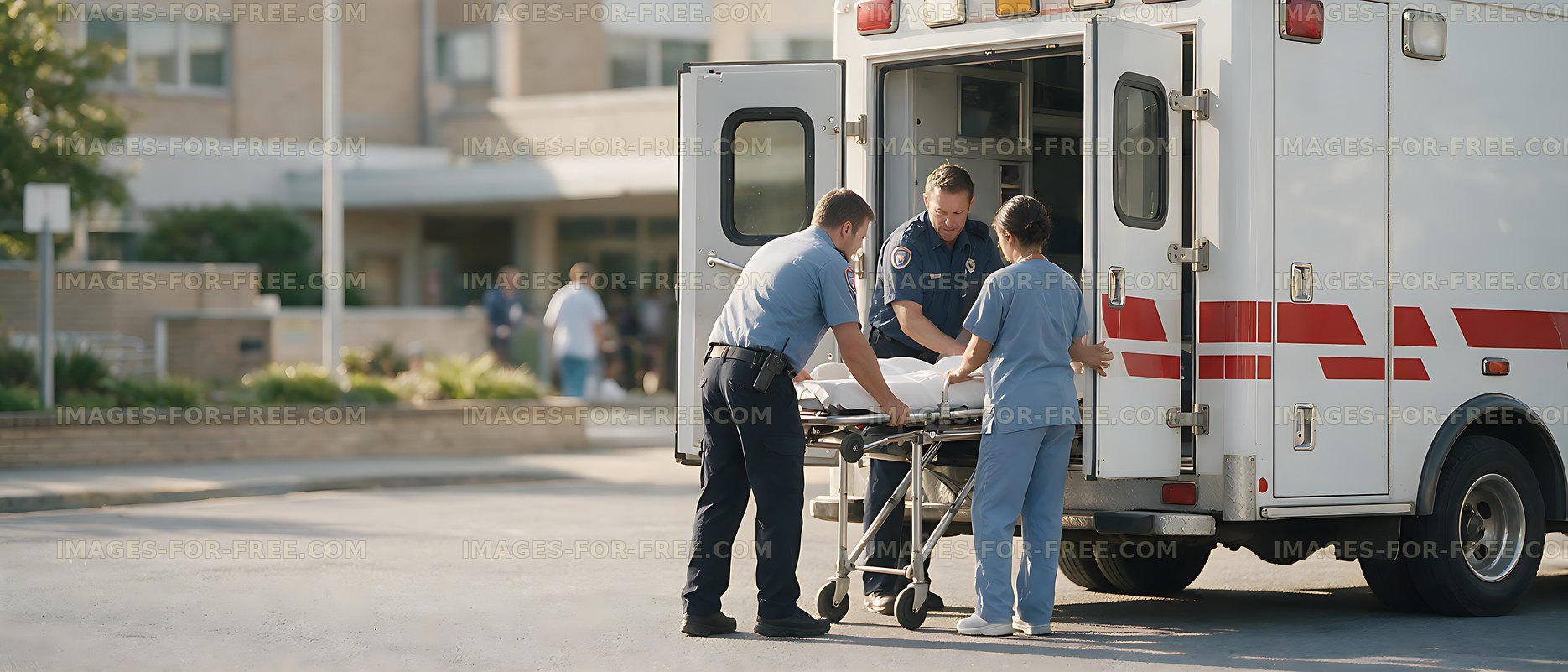 Medical responders load a stretcher into an ambulance
