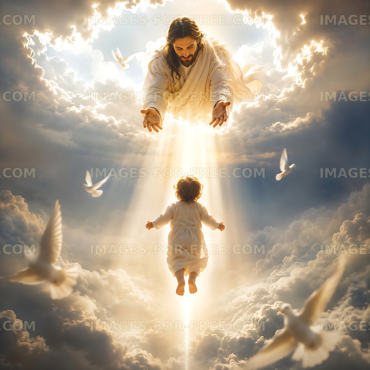 Heavenly figure reaching out to child in cloud-filled sky