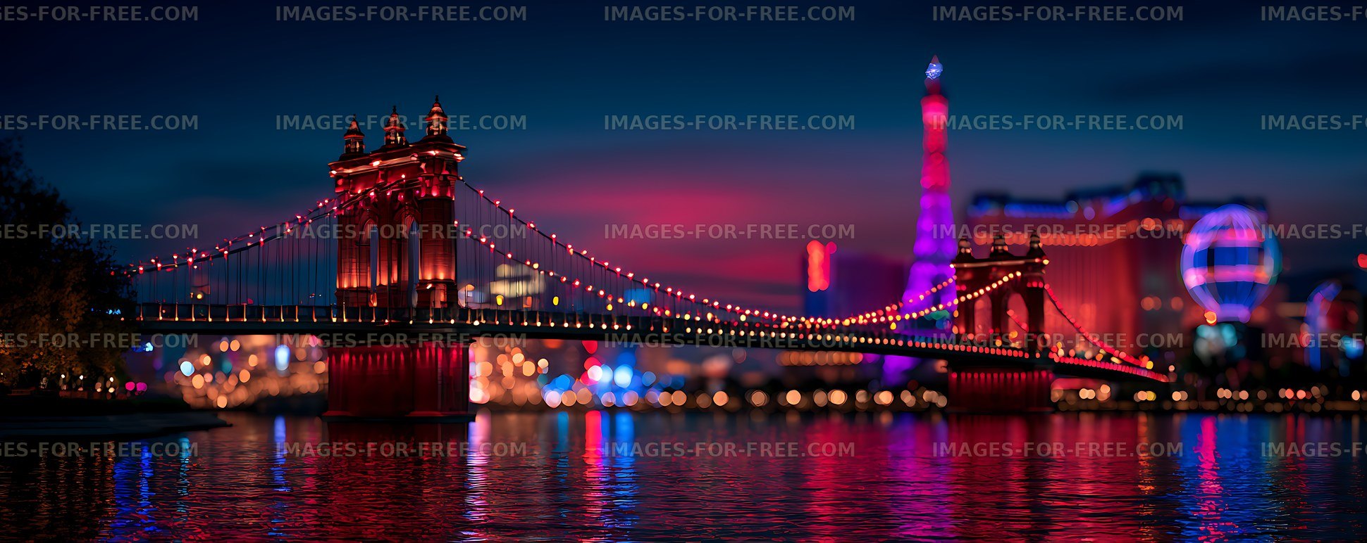 Illuminated suspension bridge over reflective water at night