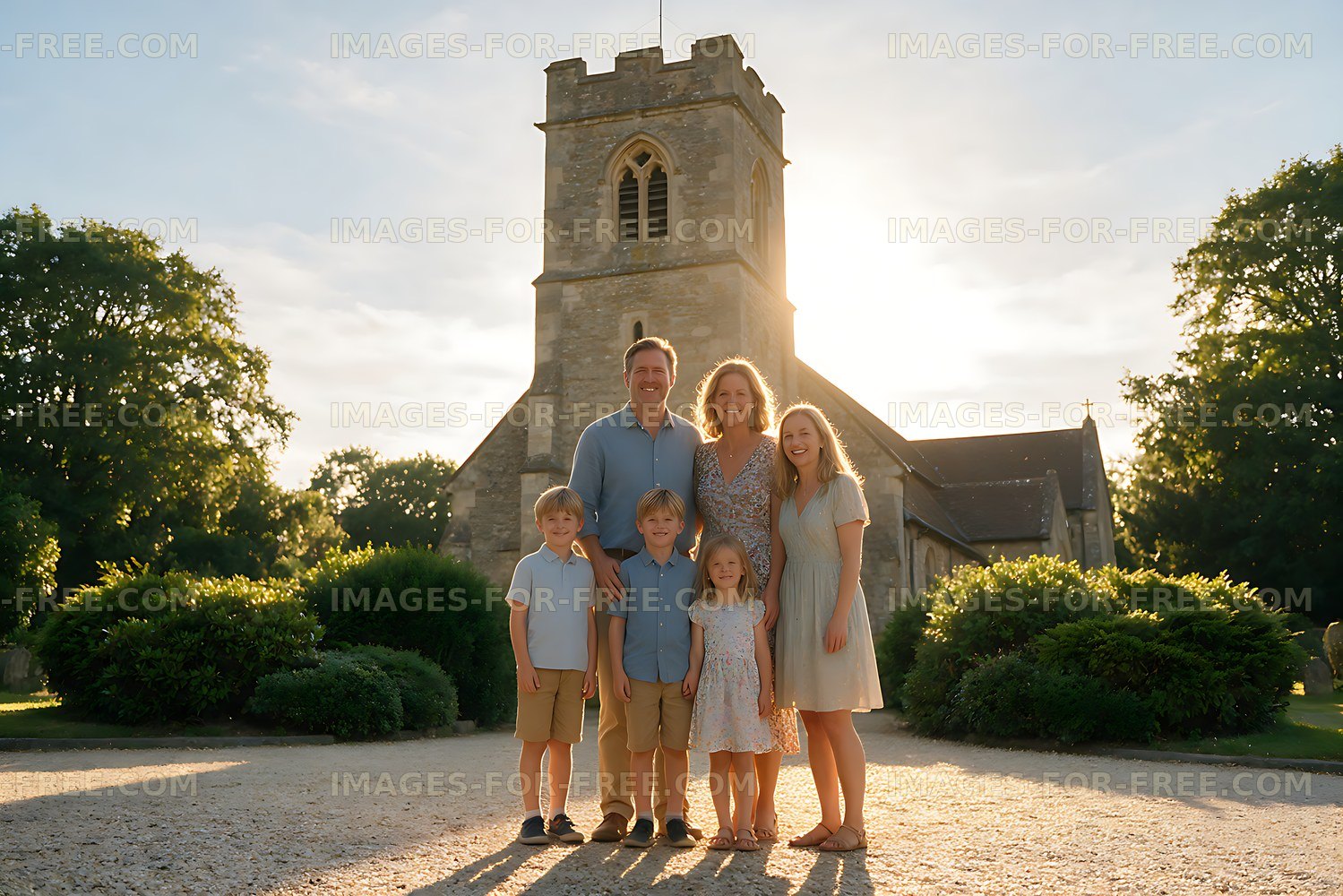 Family portrait outside a stone church at sunset