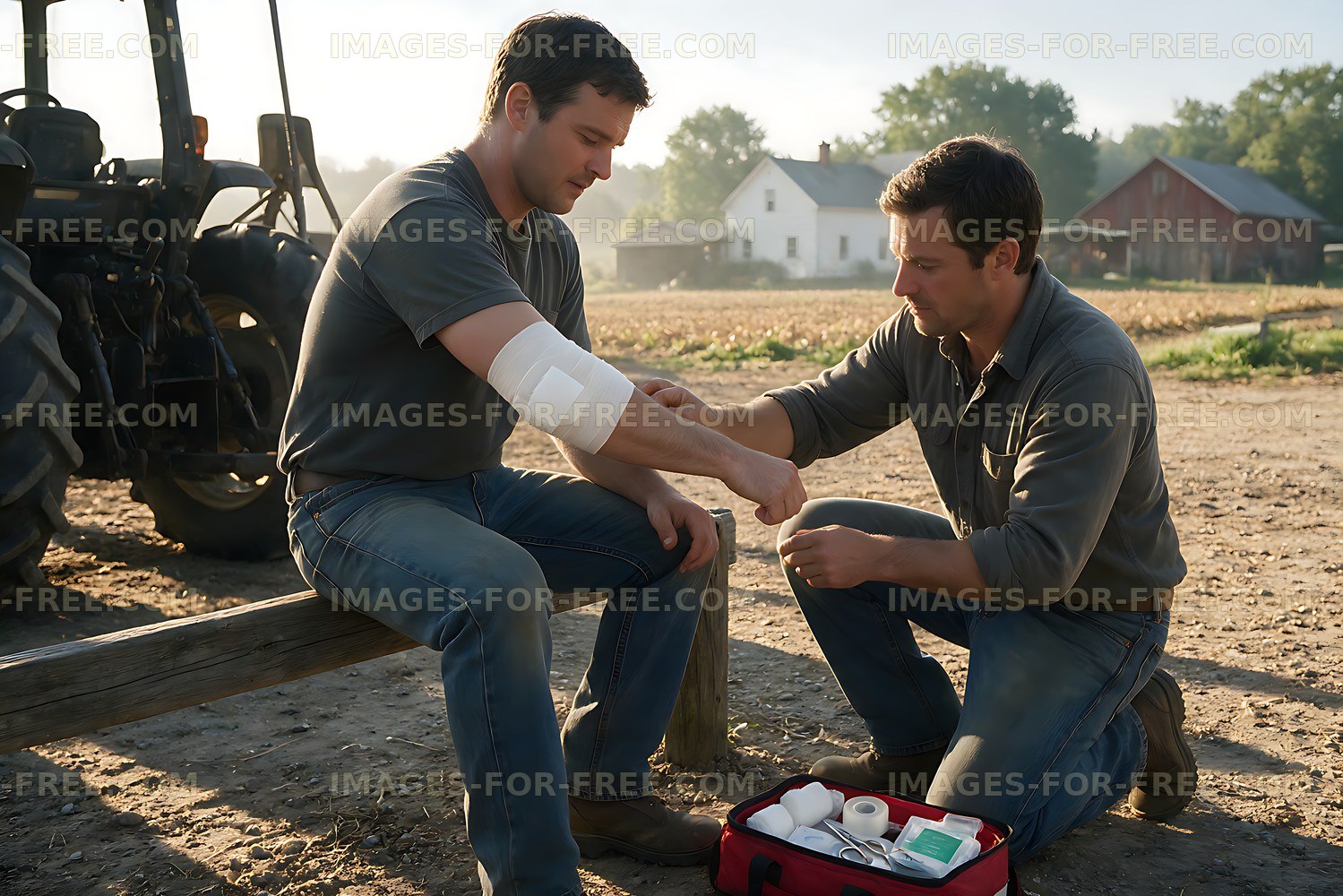 Worker receives first aid beside farm equipment