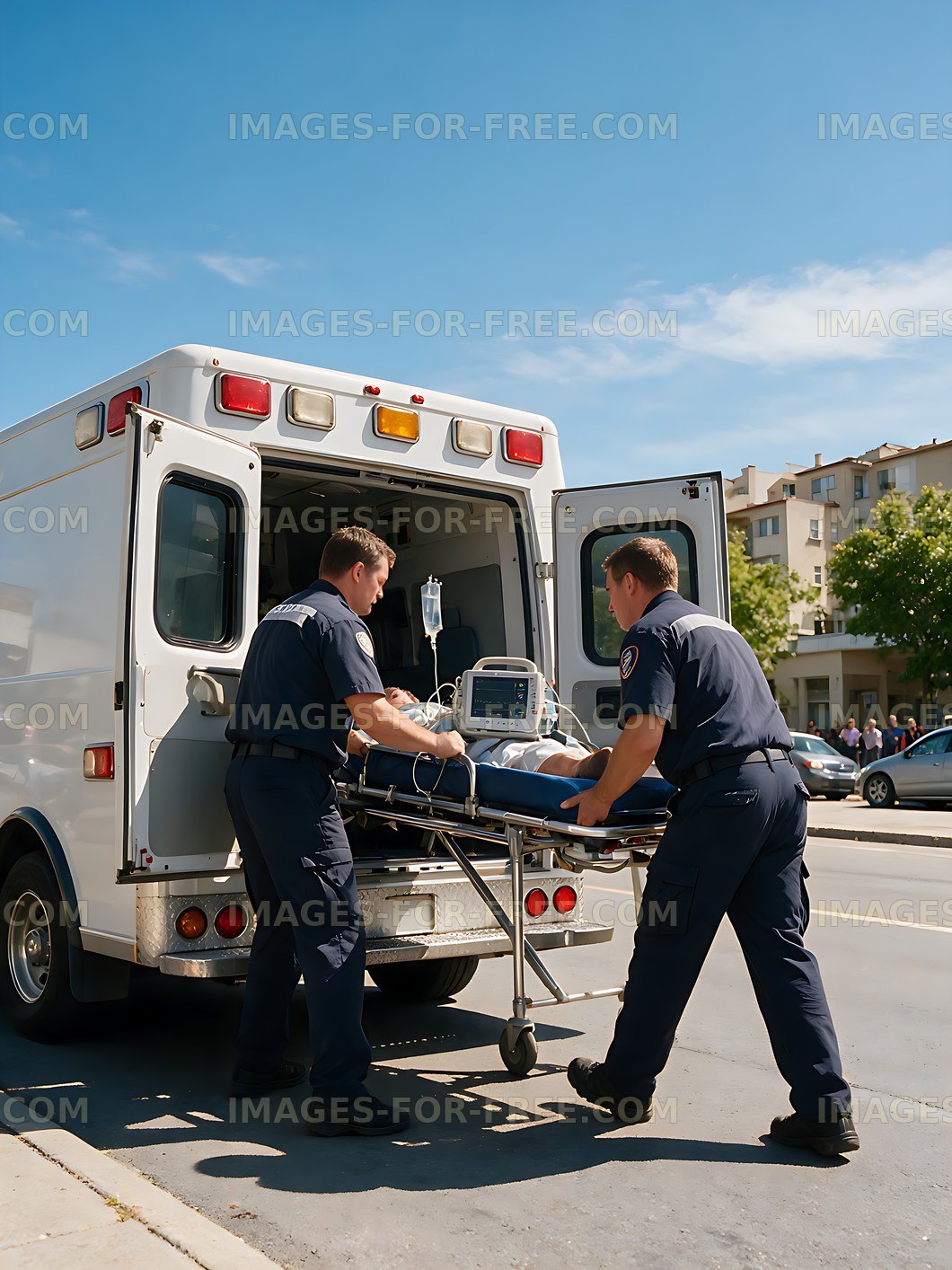 Two paramedics loading a stretcher into an ambulance