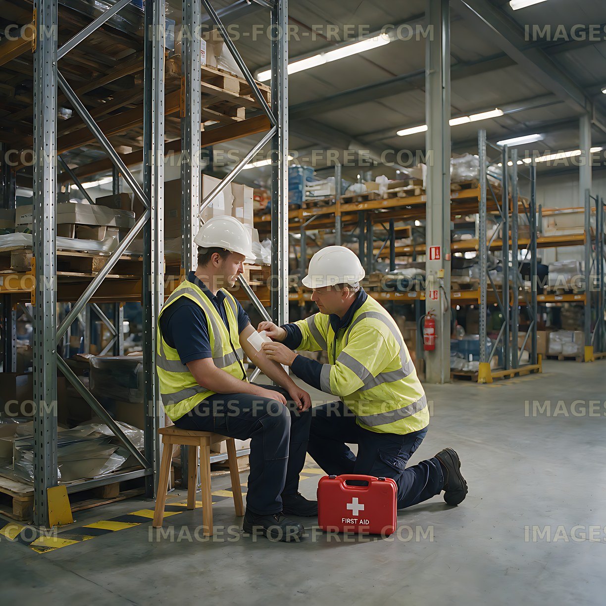 Two warehouse workers providing first aid