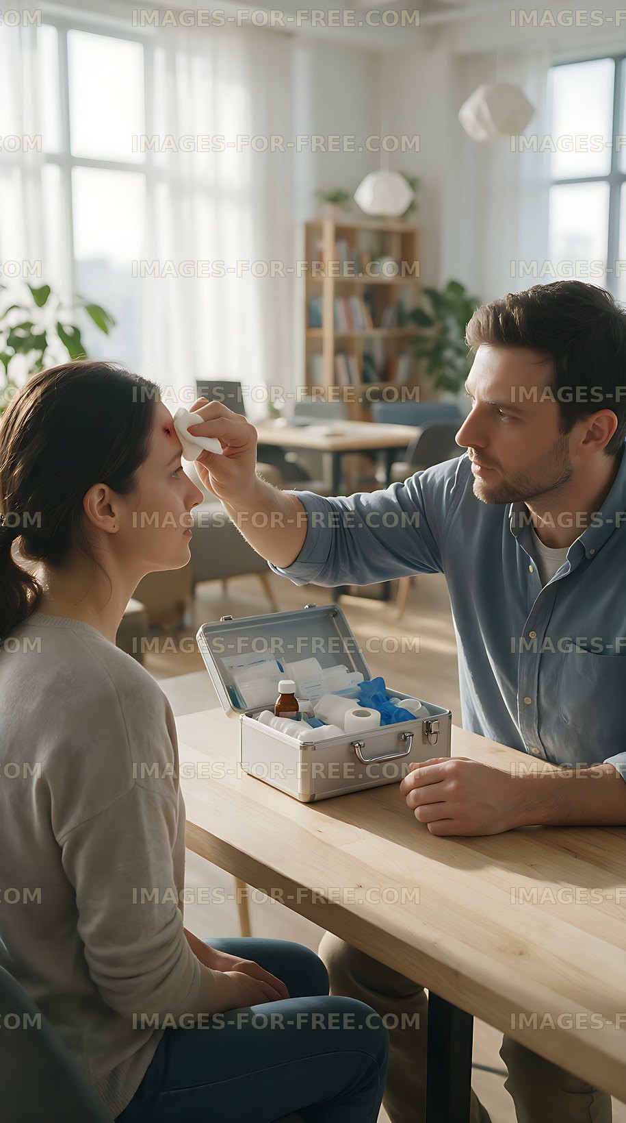 Coworkers providing first aid for an eye injury