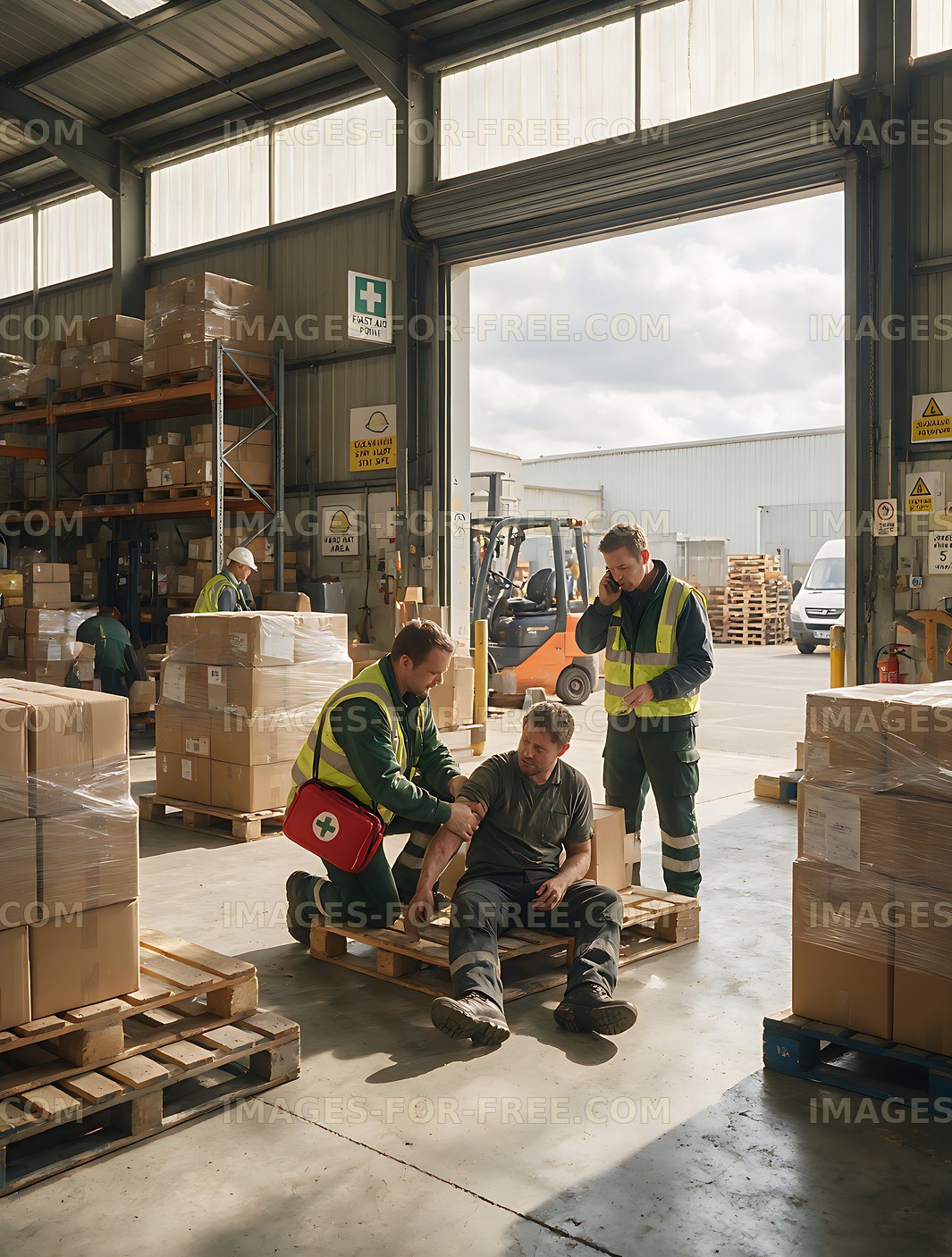 Coworkers provide first aid to injured worker in warehouse