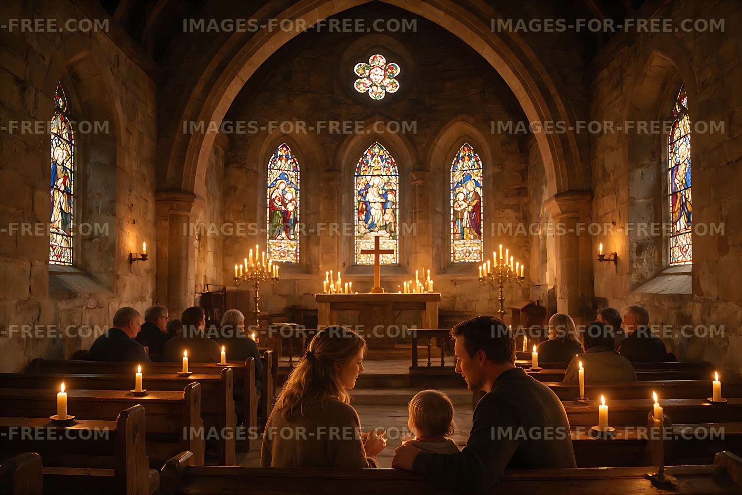 Family worshiping inside a historic stone church