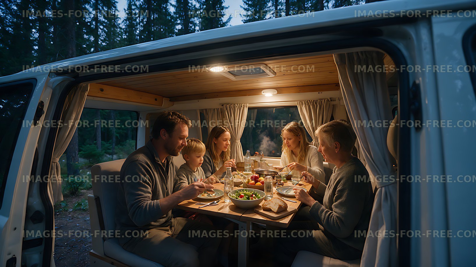 Family sharing dinner in a forest camper van
