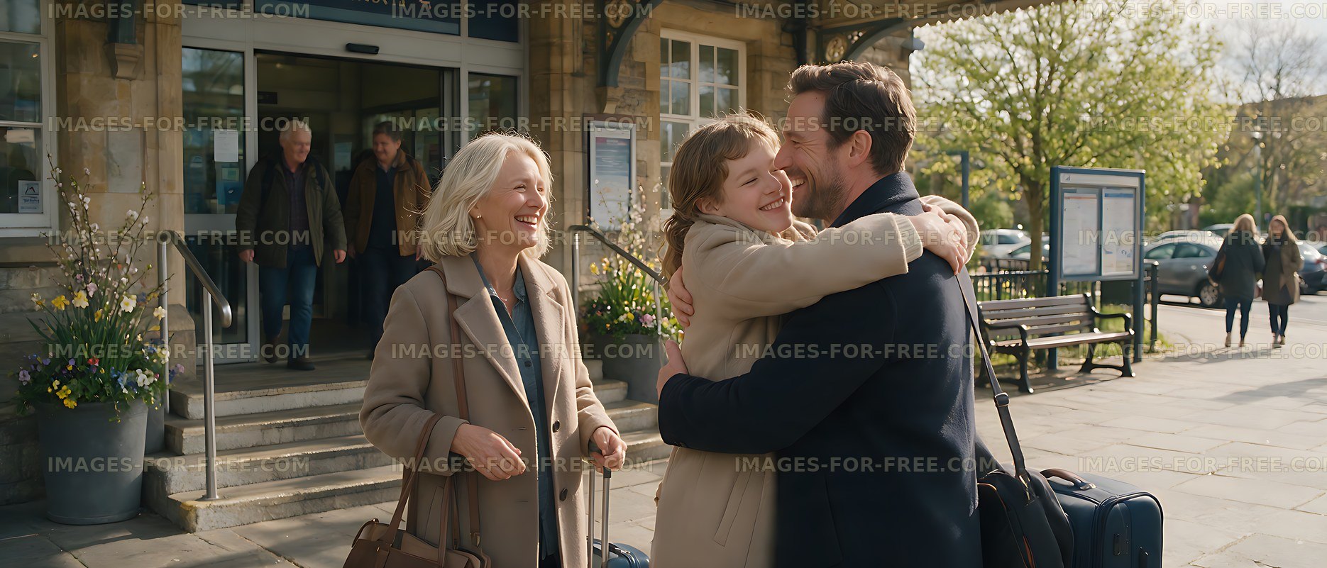 Family reunion at a station entrance