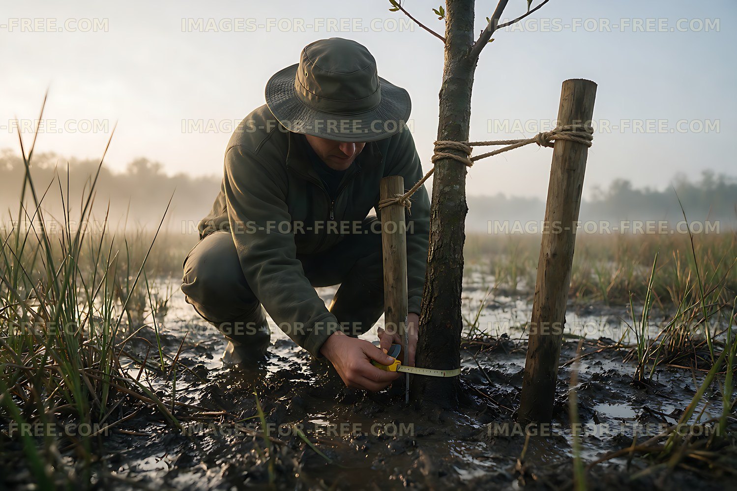 Worker measures young tree trunk in a wetland