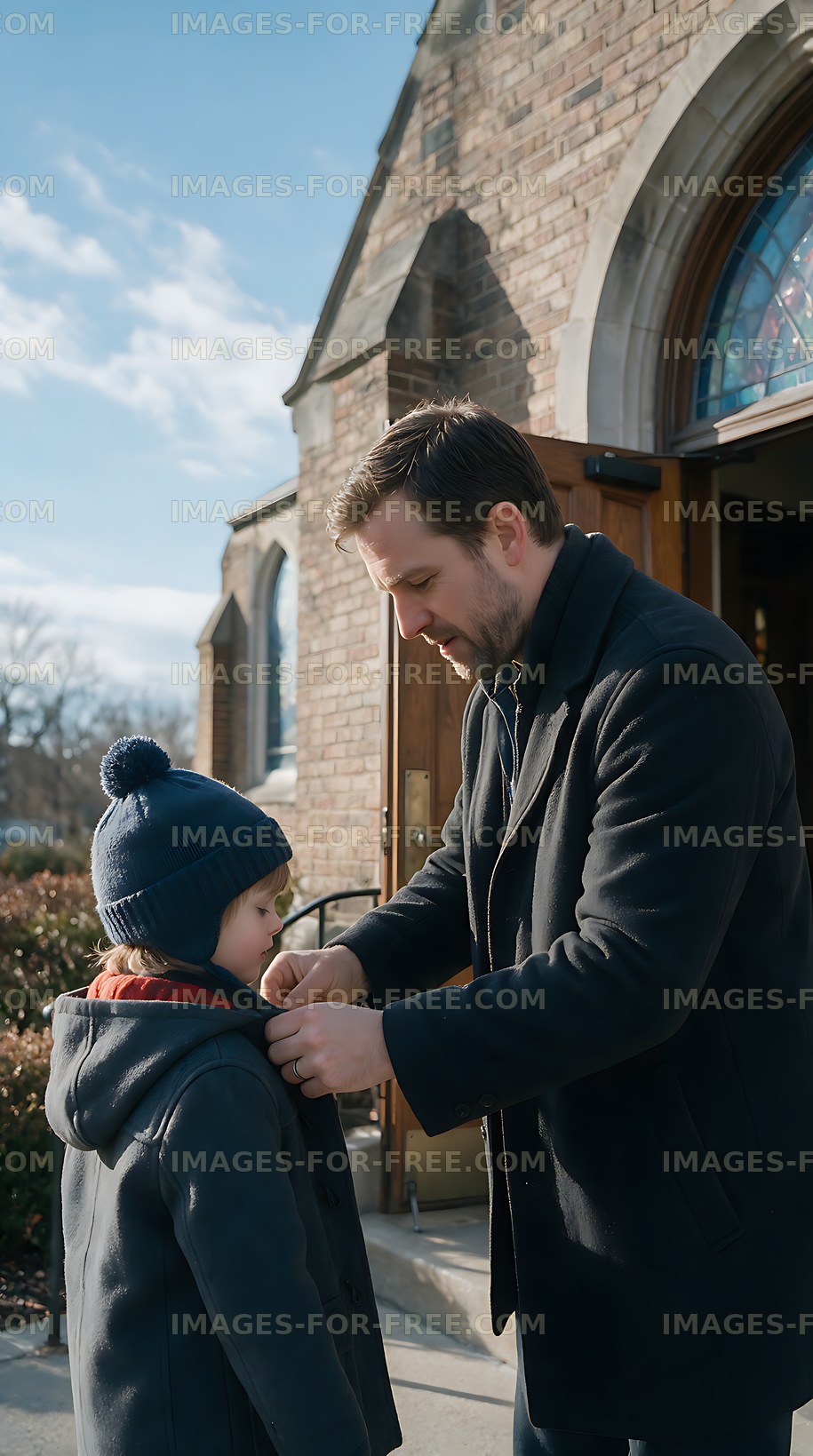 Parent helping child at church entrance