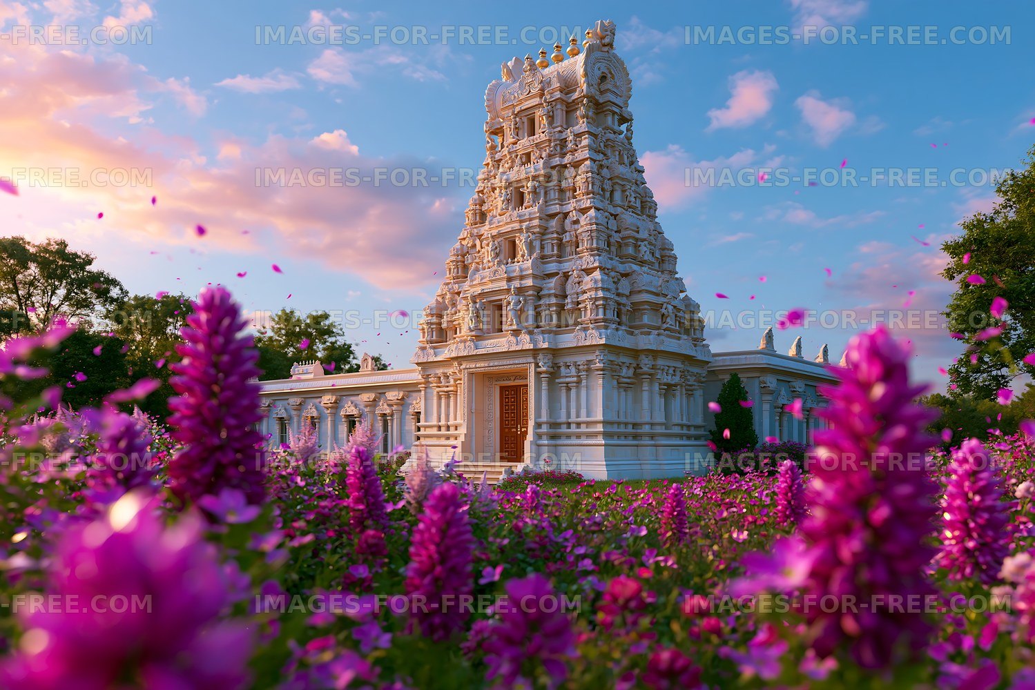 White temple tower in a colorful flower garden