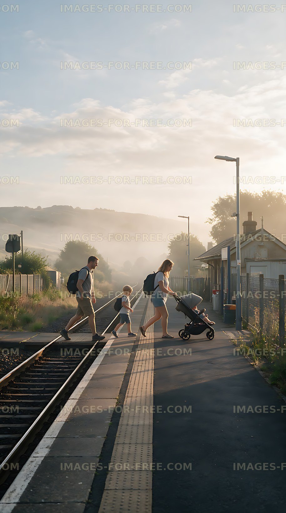 Family walking across a rural railway platform