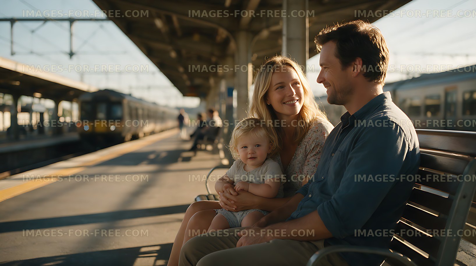 Parents and child waiting at a railway station