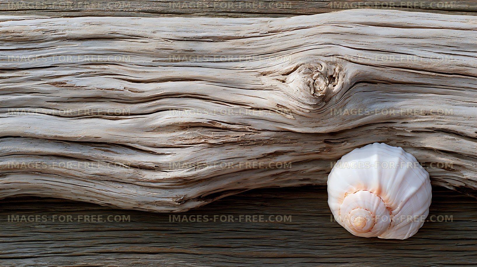 Seashell resting on textured driftwood
