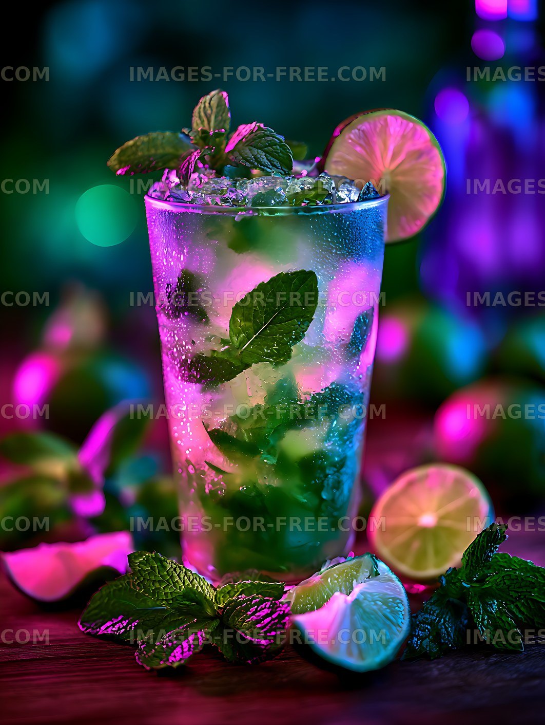 Colorful mint lime cocktail under neon lights