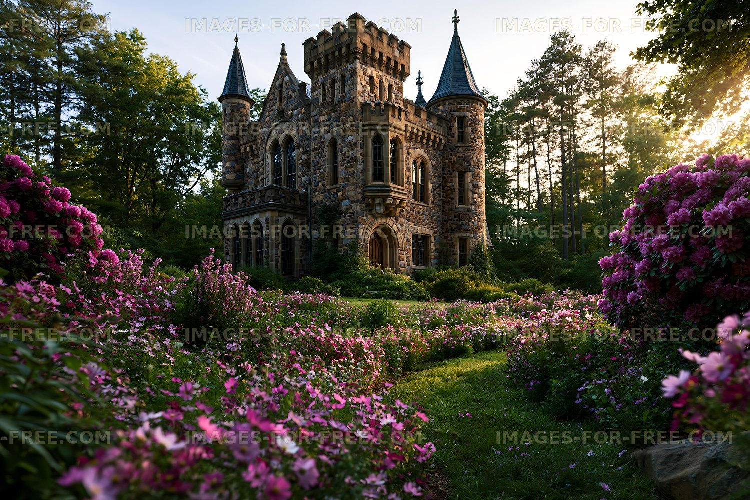 Historic stone castle in a colorful flower garden