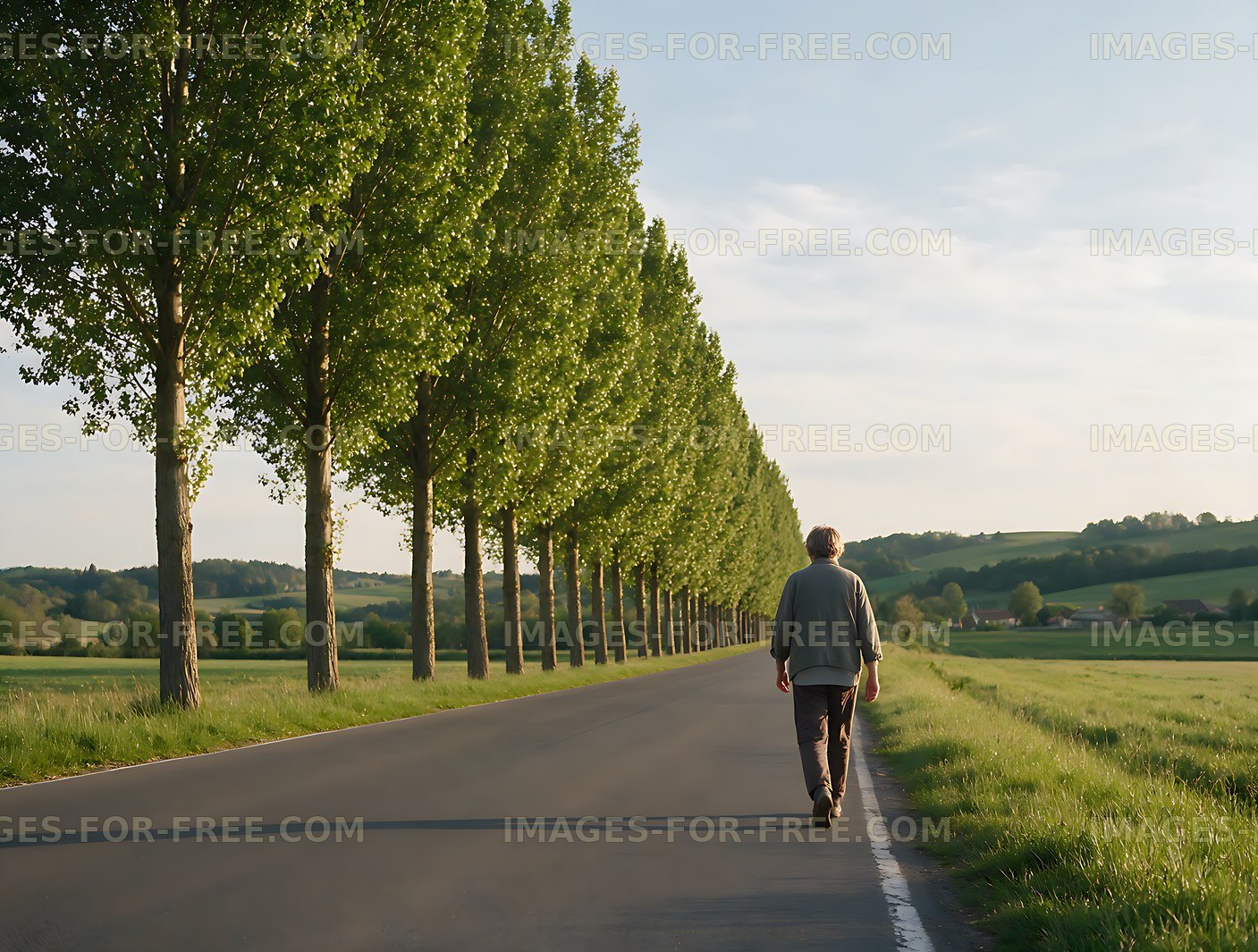 Tree-lined country road through green rolling fields