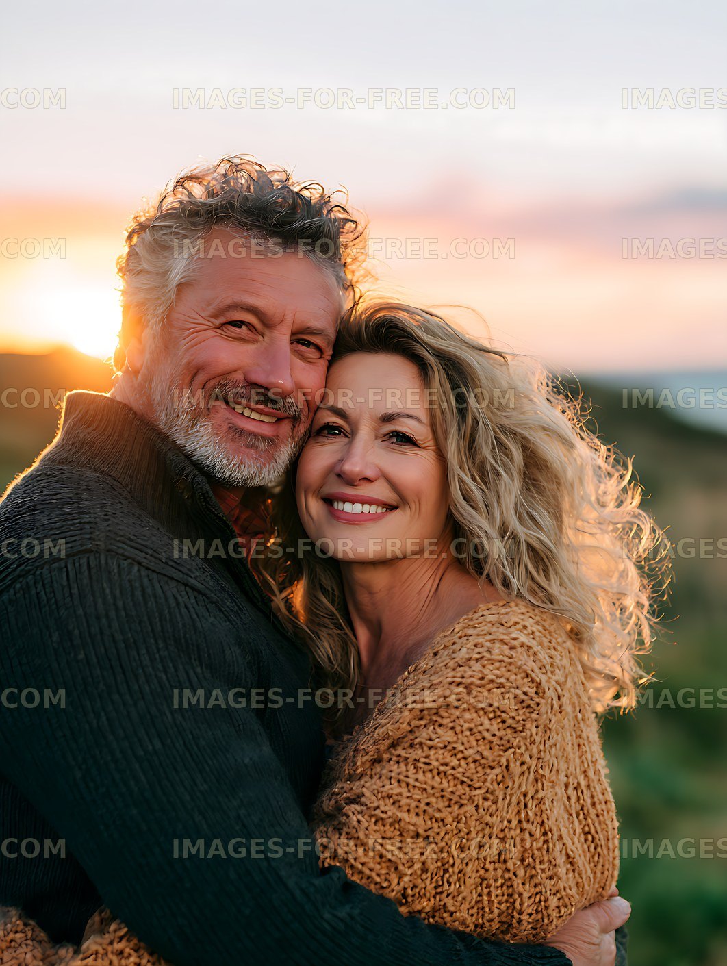 Happy mature couple sharing an affectionate outdoor embrace