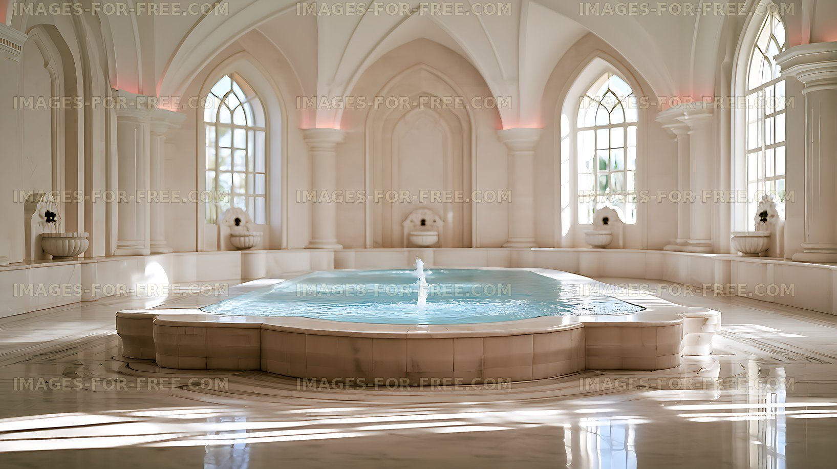 Bright luxury indoor swimming pool with architectural details