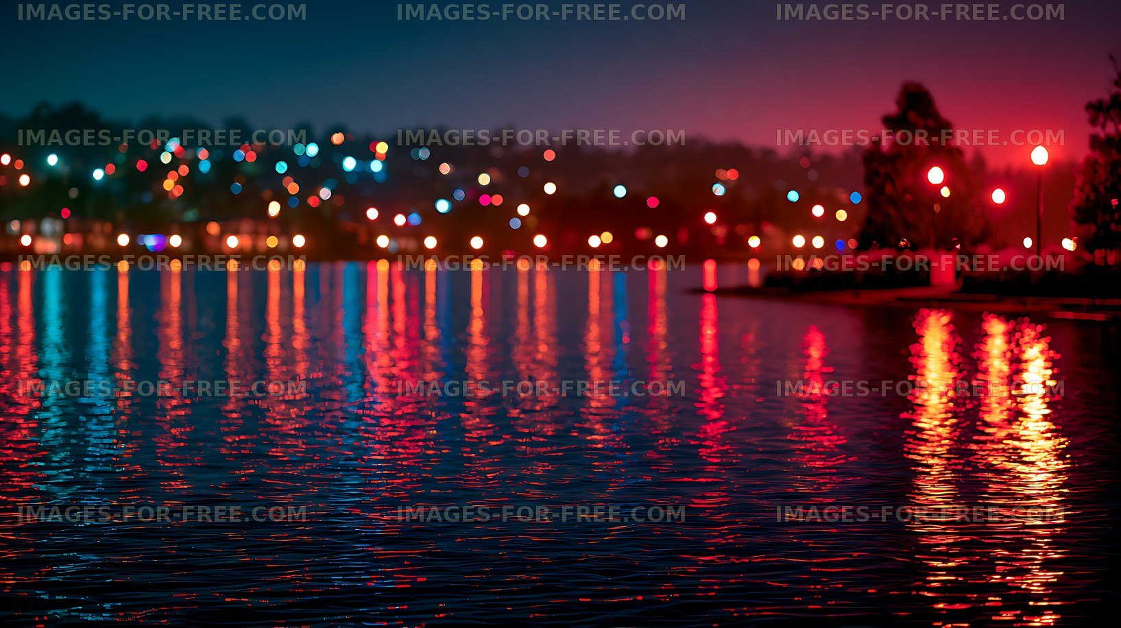 Vibrant bokeh lights over a lake at twilight
