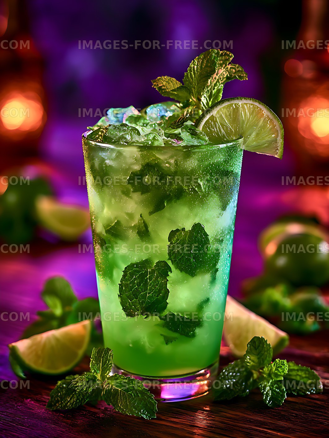 Lime mint cocktail with ice and vivid background