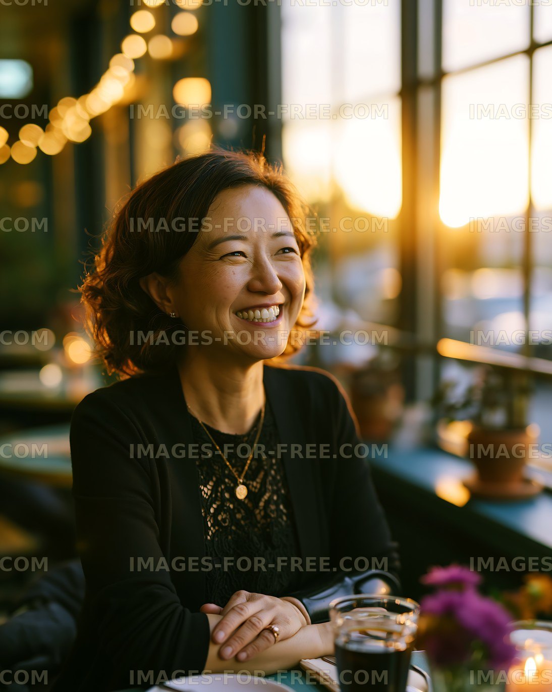Happy woman seated in a warmly lit cafe