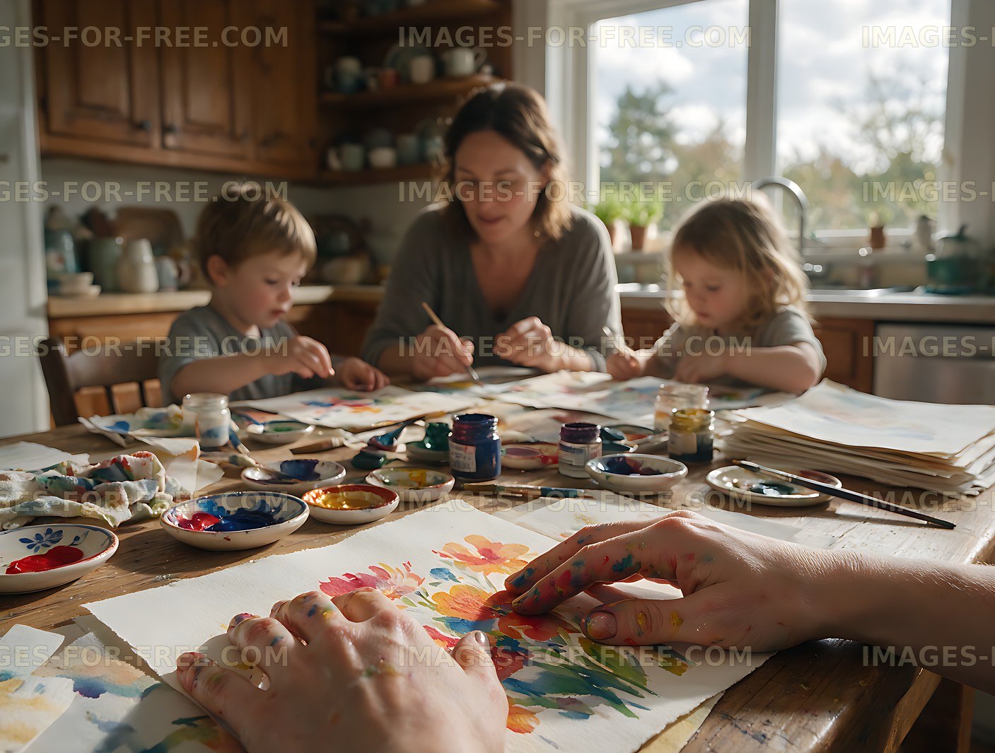 Family painting activity around a kitchen table