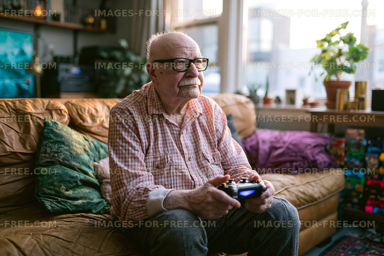 Older man gaming in a comfortable living room