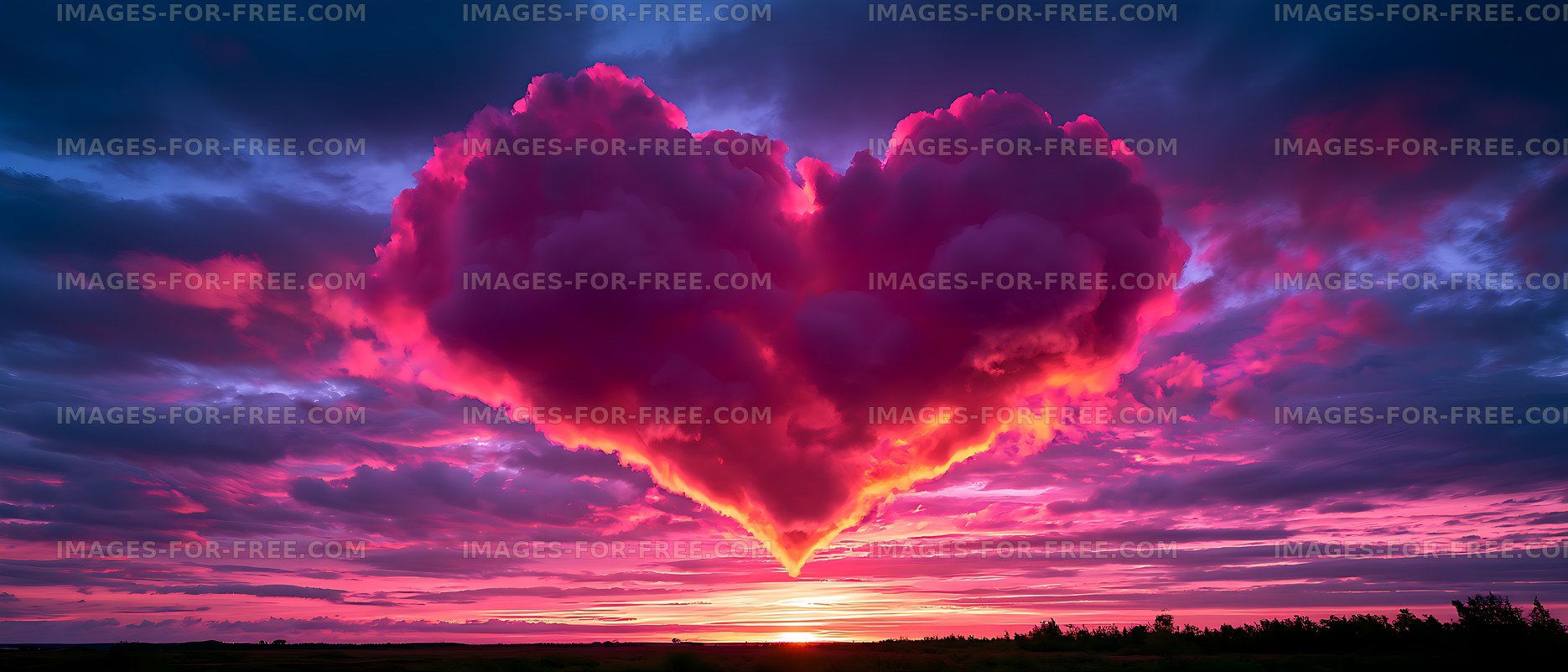 Heart-shaped cloud glowing over the sunset landscape