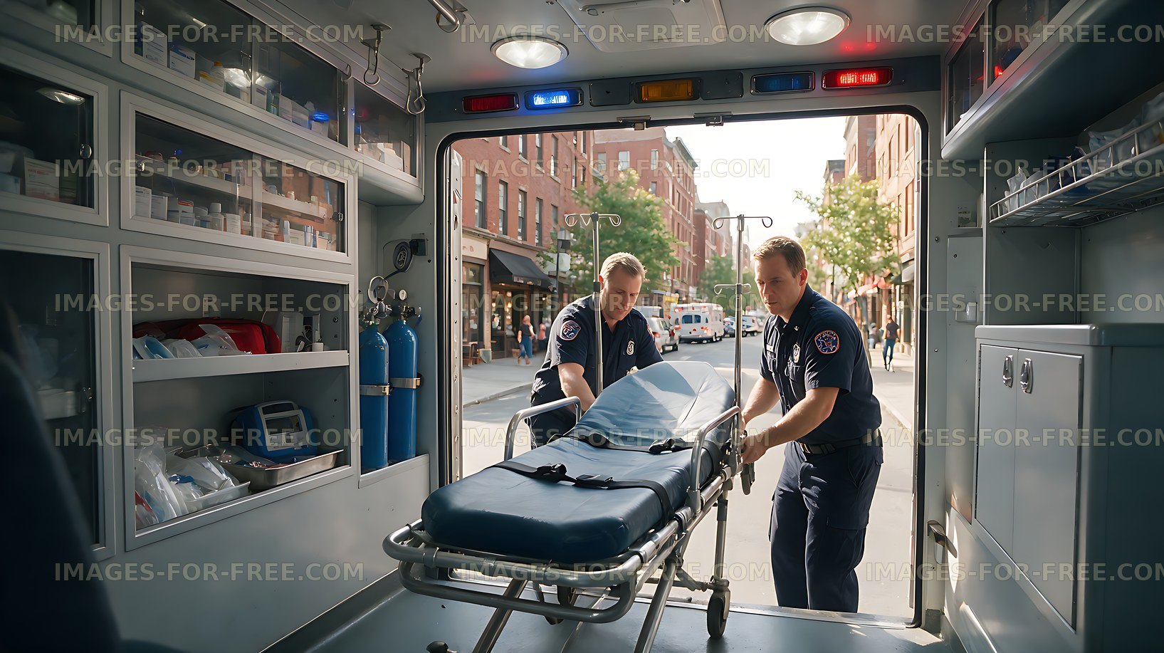 Paramedics loading a stretcher into an ambulance