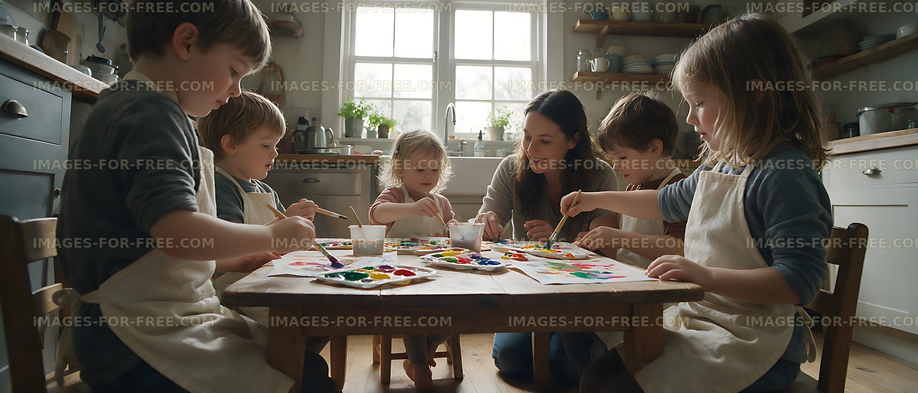 Family painting activity around a kitchen table
