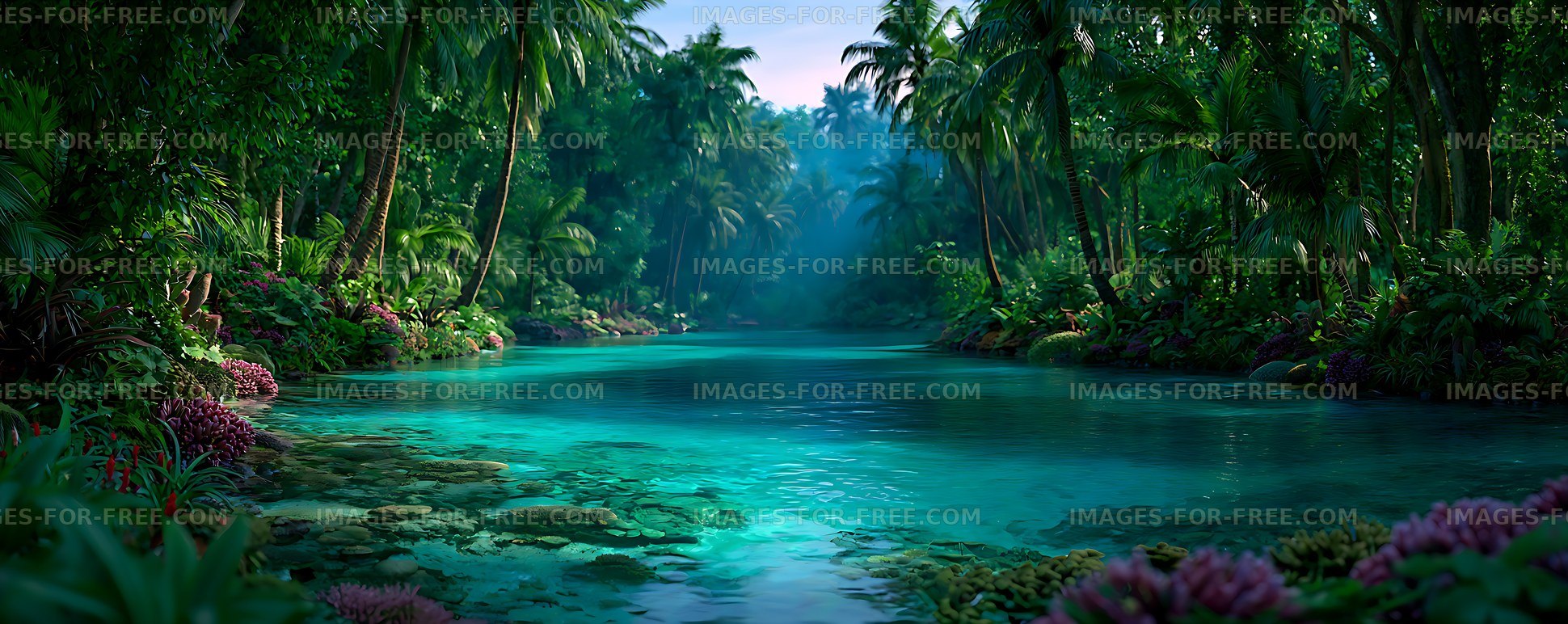 Turquoise river in a lush tropical jungle
