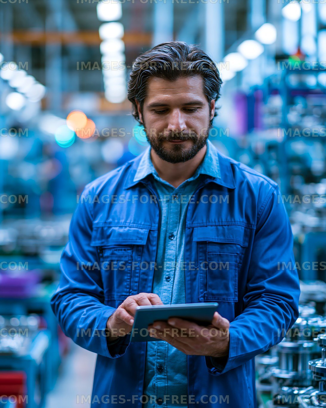 Man using tablet in manufacturing facility