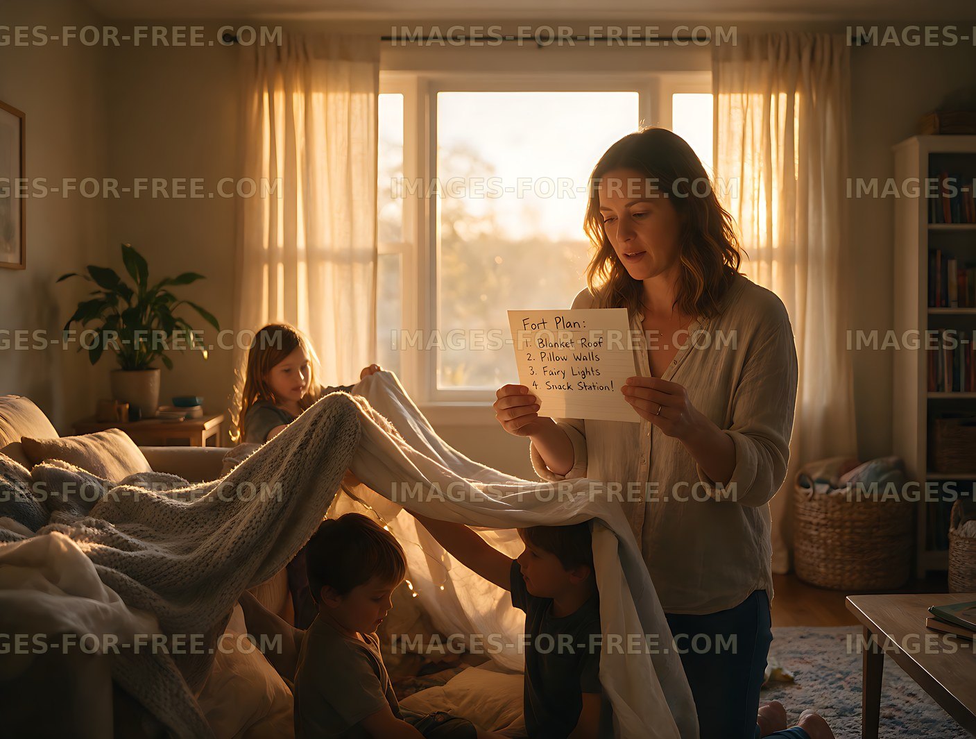 Family building a blanket fort in a sunlit living room