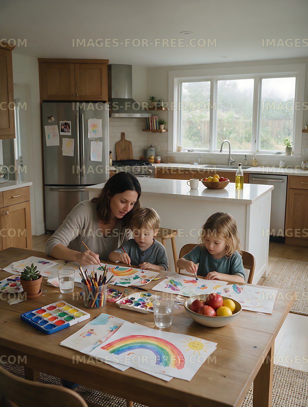 Mother and children creating colorful artwork in a home kitchen