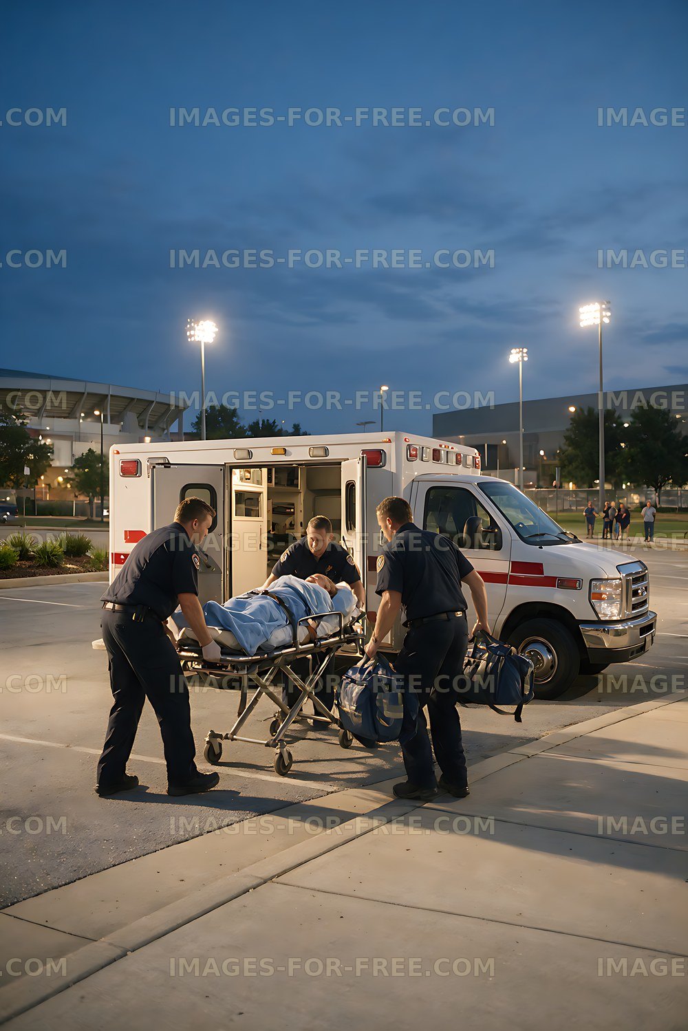 Paramedics loading a patient into an ambulance