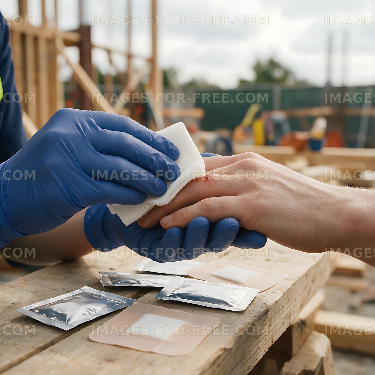 Gloved hands treating a workplace hand injury