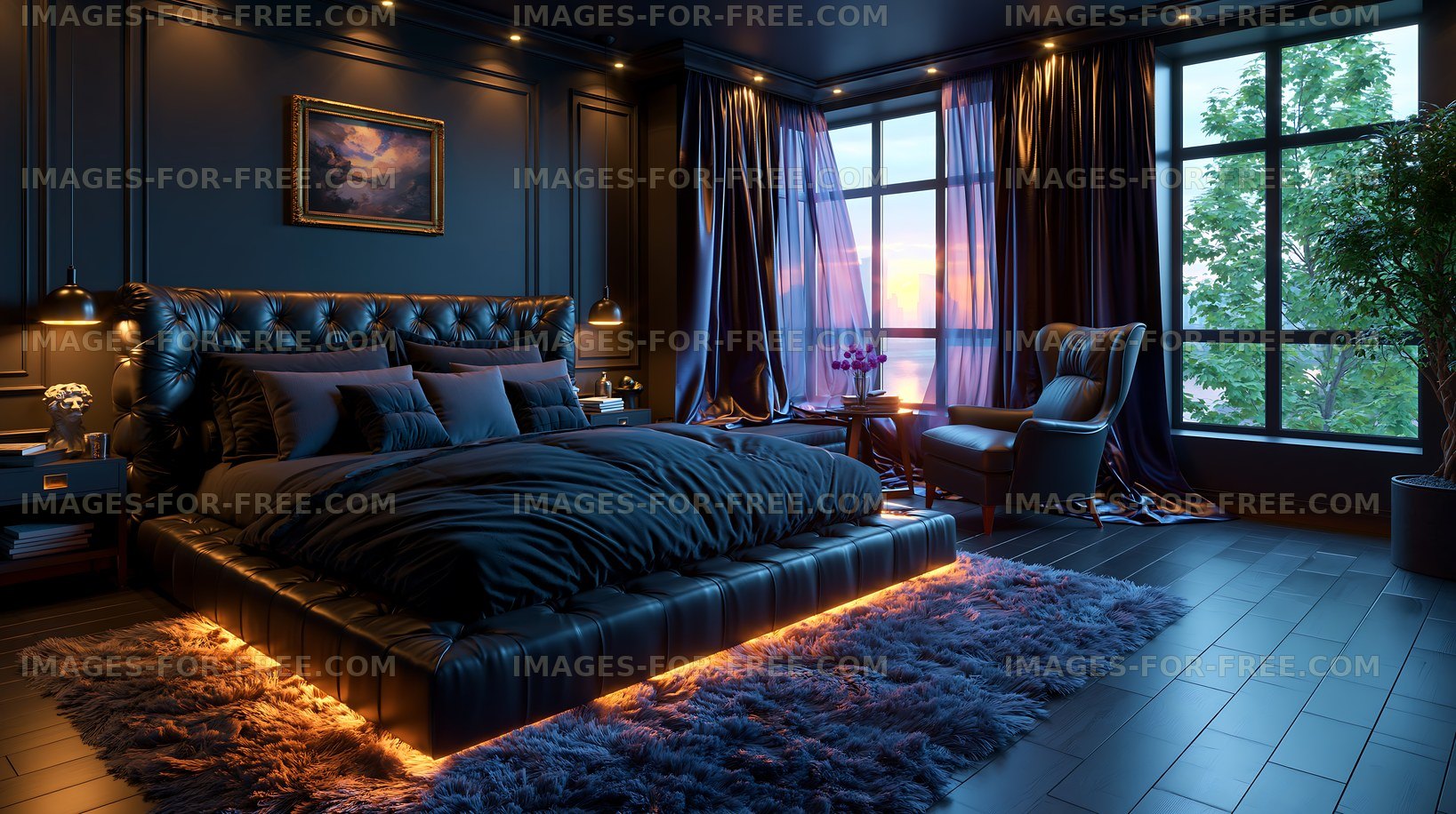 Elegant bedroom interior with leather bed and warm evening light