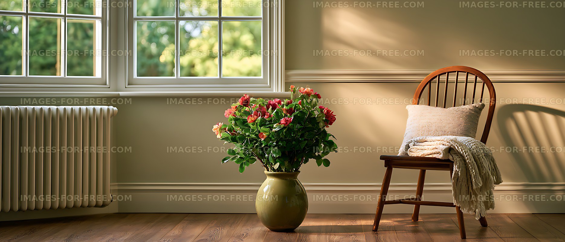 Warm sunlit room with flowering plant and wooden chair
