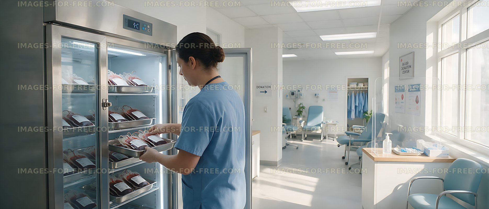 Blood bags stored in a refrigerator at a medical facility