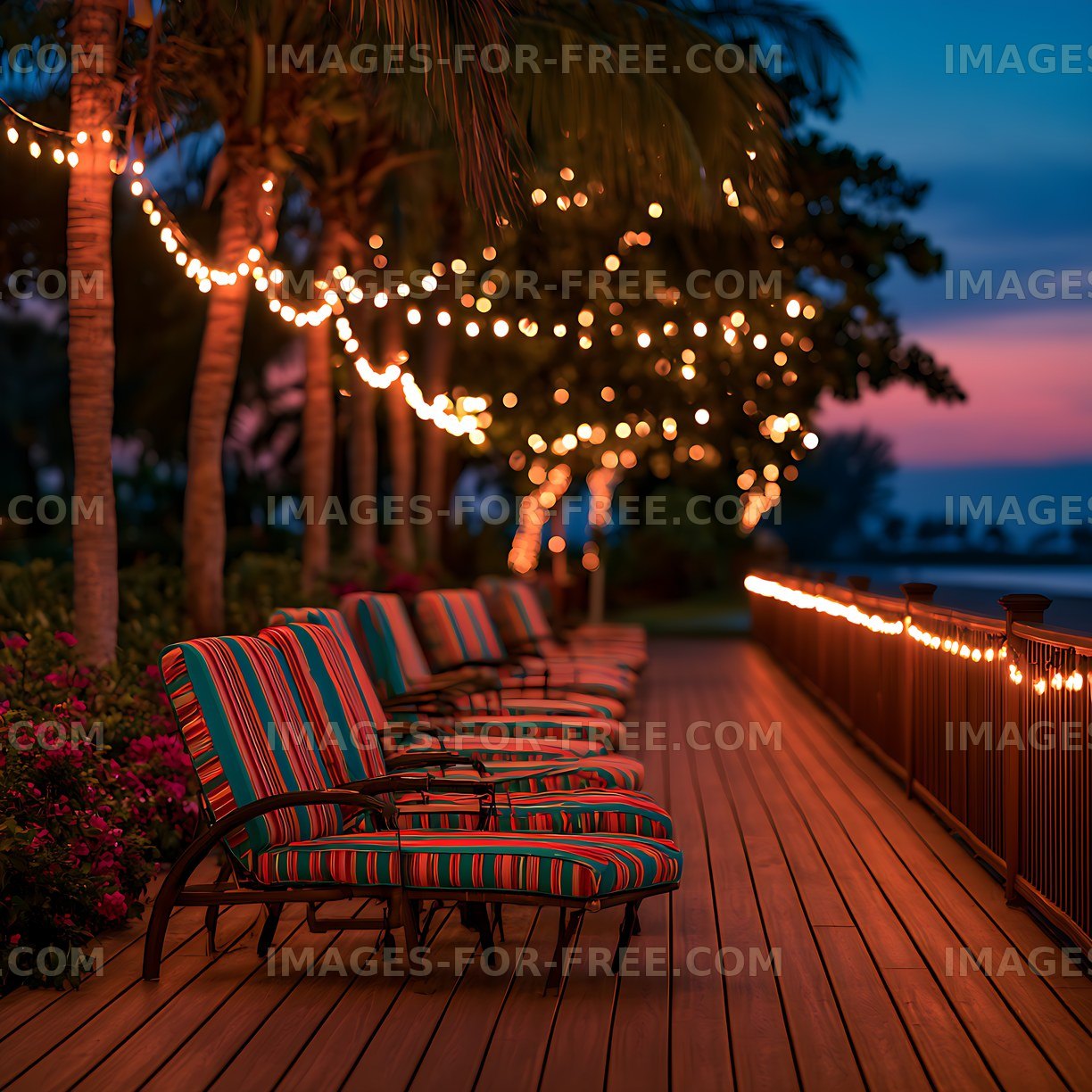 Outdoor lounge deck with glowing lights and palm trees