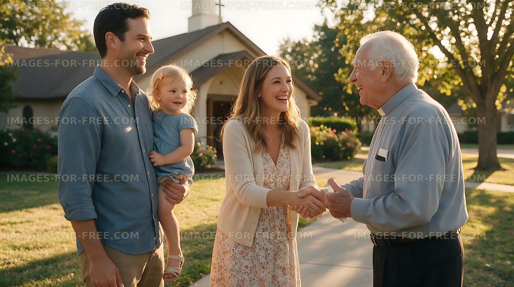 Family meets pastor outside church