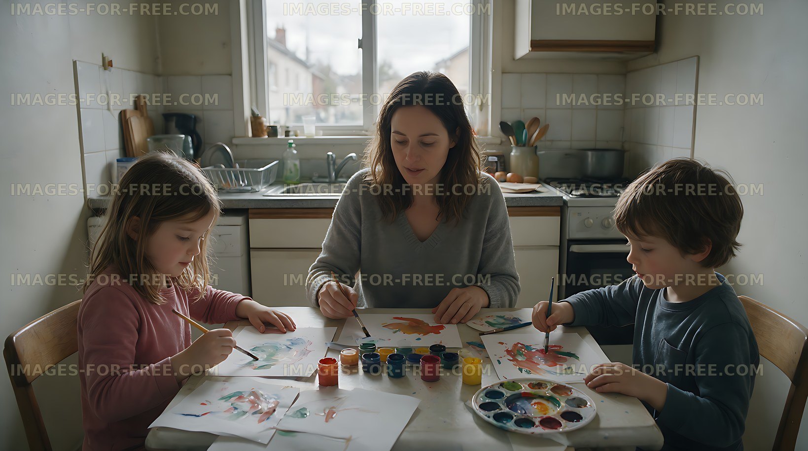 Family painting activity around a kitchen table