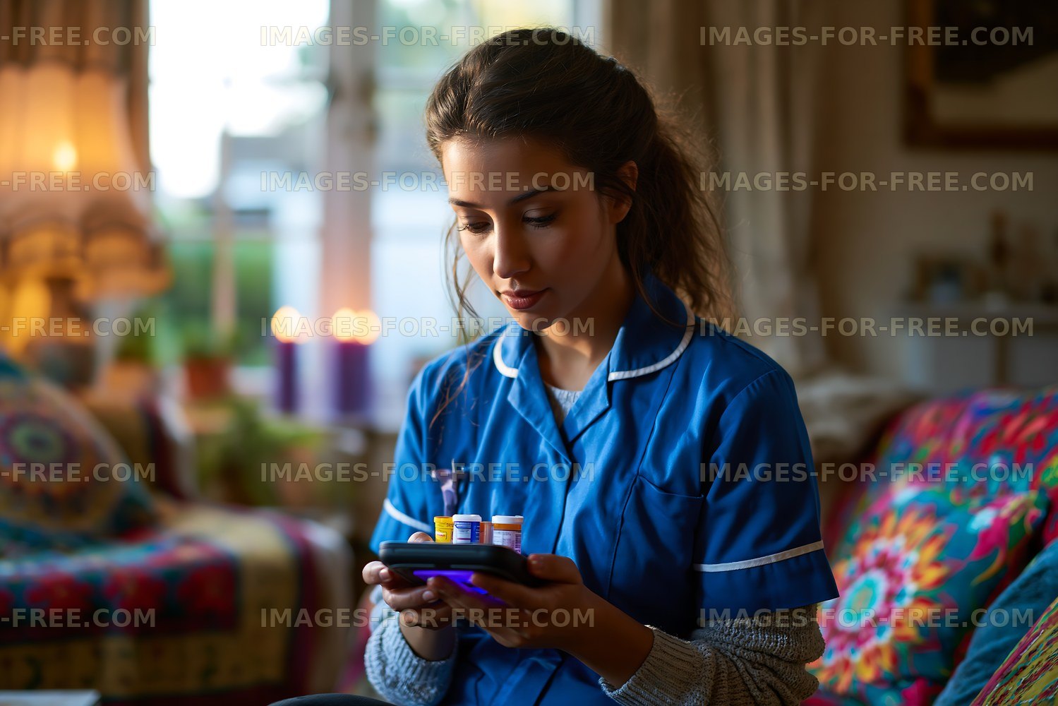 Healthcare worker checking a tablet at home