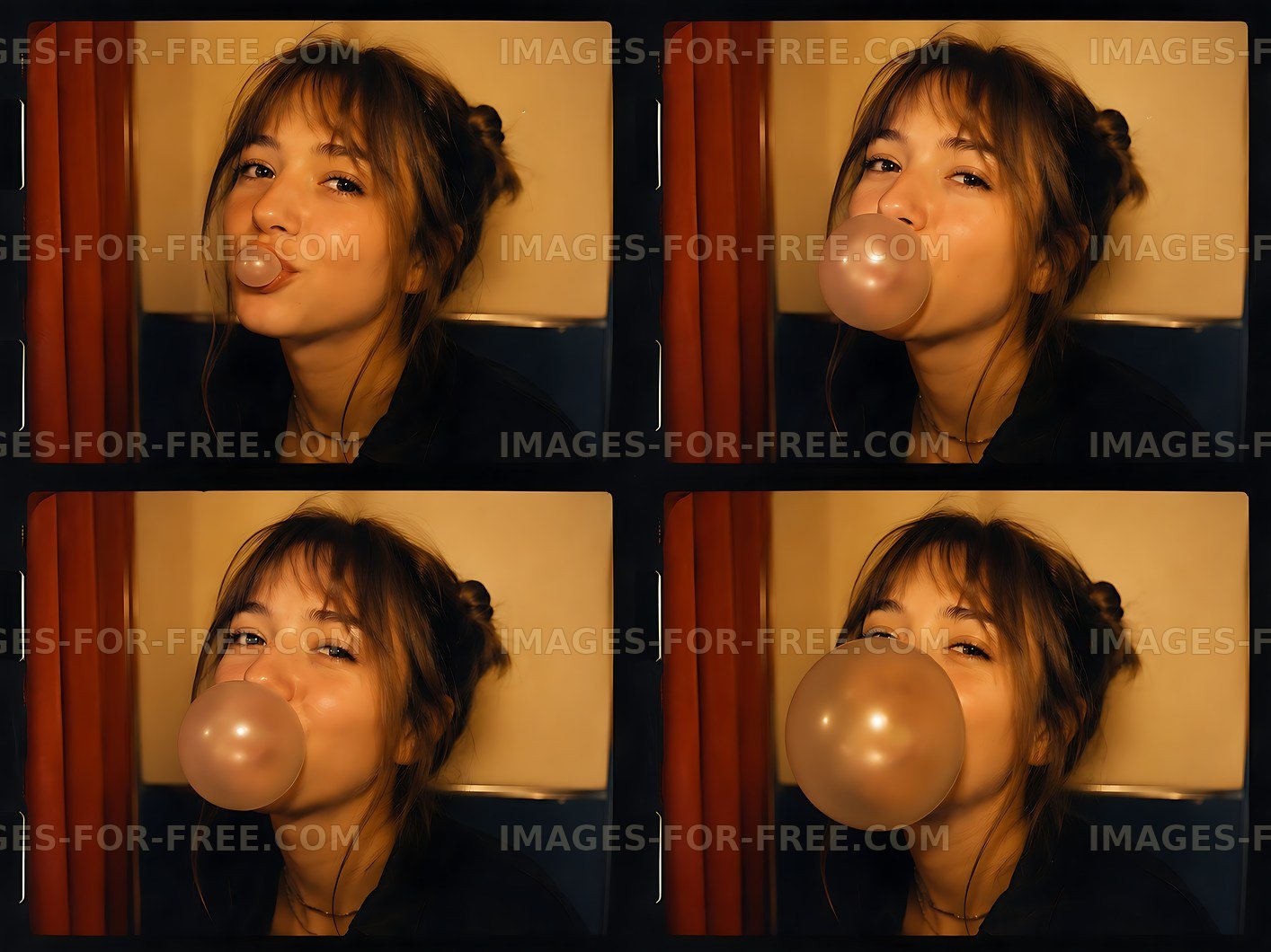 Woman blowing a bubble in a cozy indoor setting