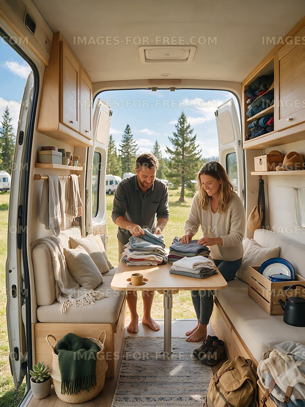 Family activity in a bright camper van interior