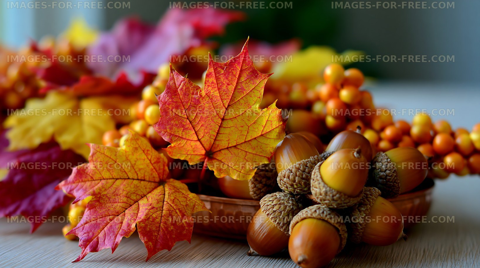 Colorful fall leaves and acorns in a seasonal arrangement