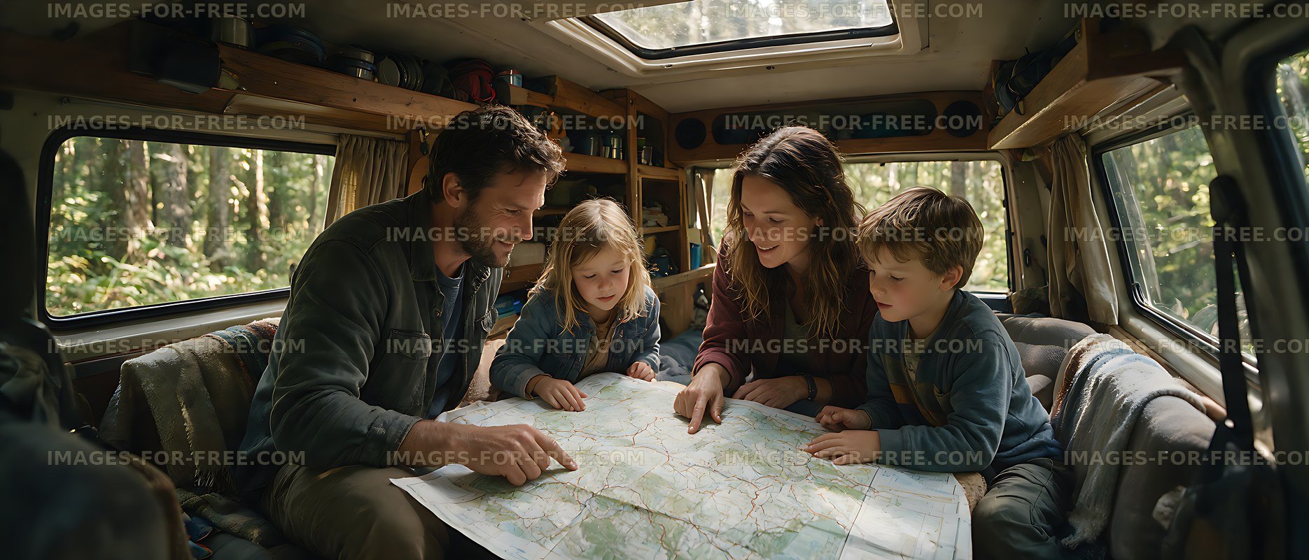 Family studying a map in a camper van