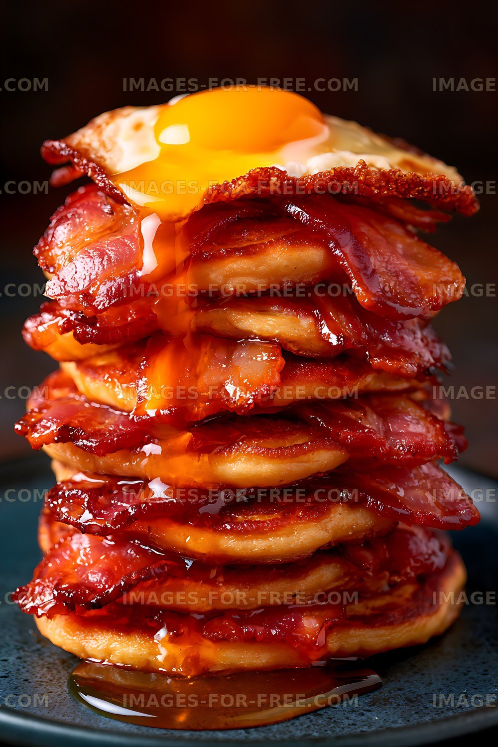 Bacon pancake stack with fried egg and syrup